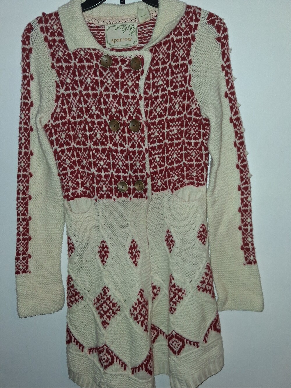 Sparrow Red and Cream Patterned Double-Breasted Knit Cardigan